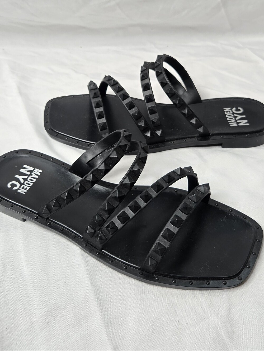 Madden NYC Women’s Size 7 Black Studded Strappy Slide Sandals Square Toe NEW